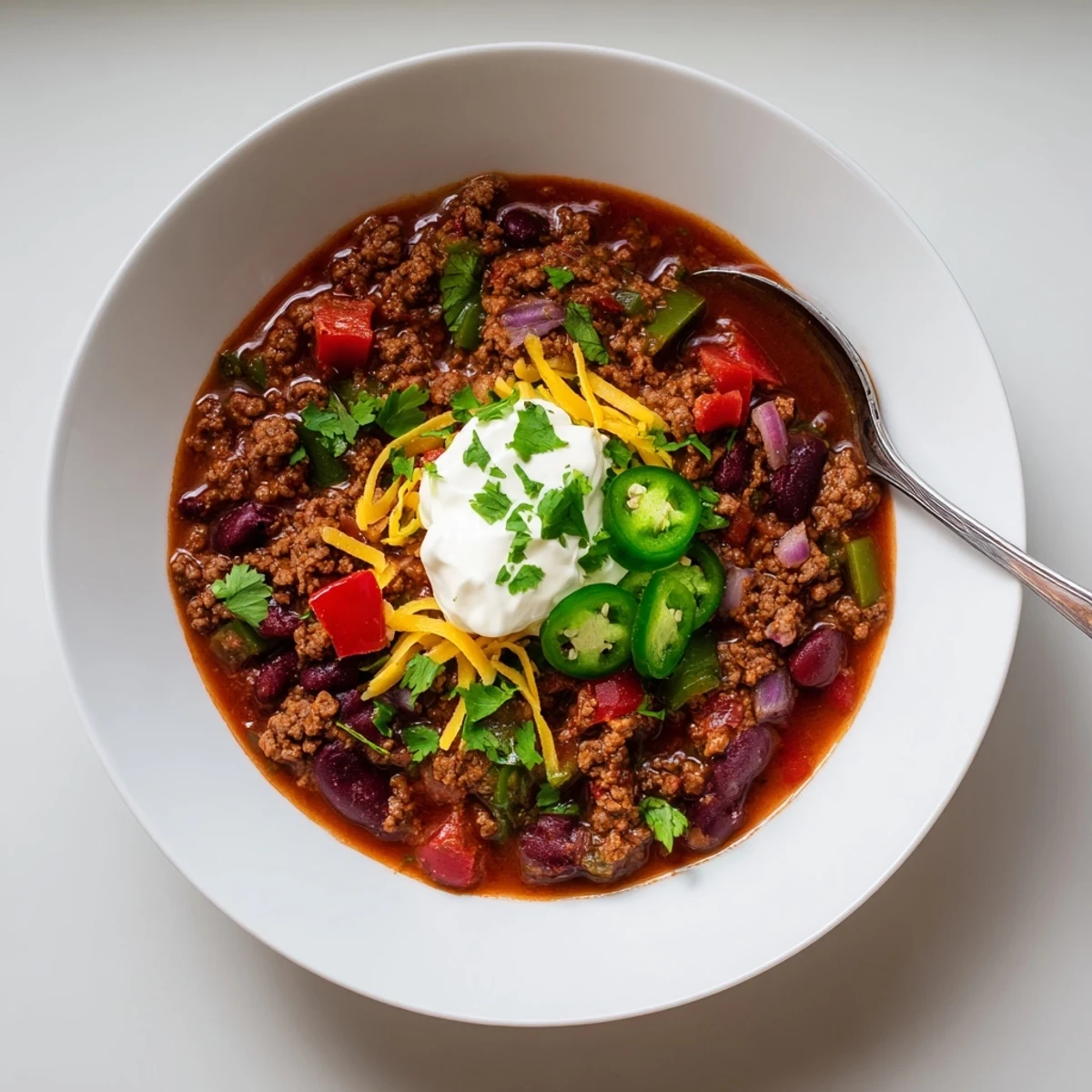 Rustic chili con carne simmered to perfection served over white rice with sour cream