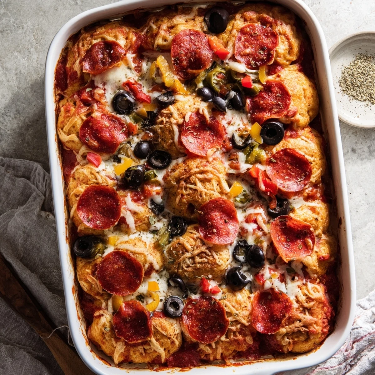 Fluffy refrigerated biscuit dough pieces rise through savory pizza sauce and gooey cheese topping in this easy Bubble Up Biscuit Pizza Casserole