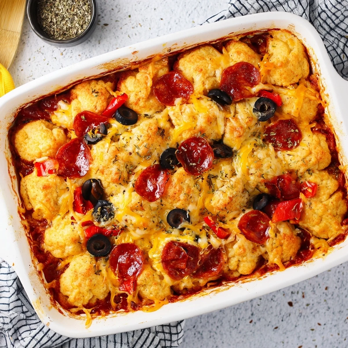 Family-style Bubble Up Biscuit Pizza Casserole featuring puffed golden biscuits beneath a blanket of melted cheddar mozzarella and sliced pepperoni