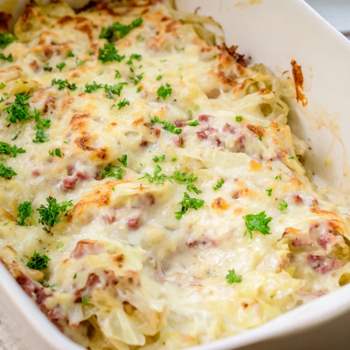 Creamy cabbage and corned beef casserole sprinkled with melted parmesan cheese