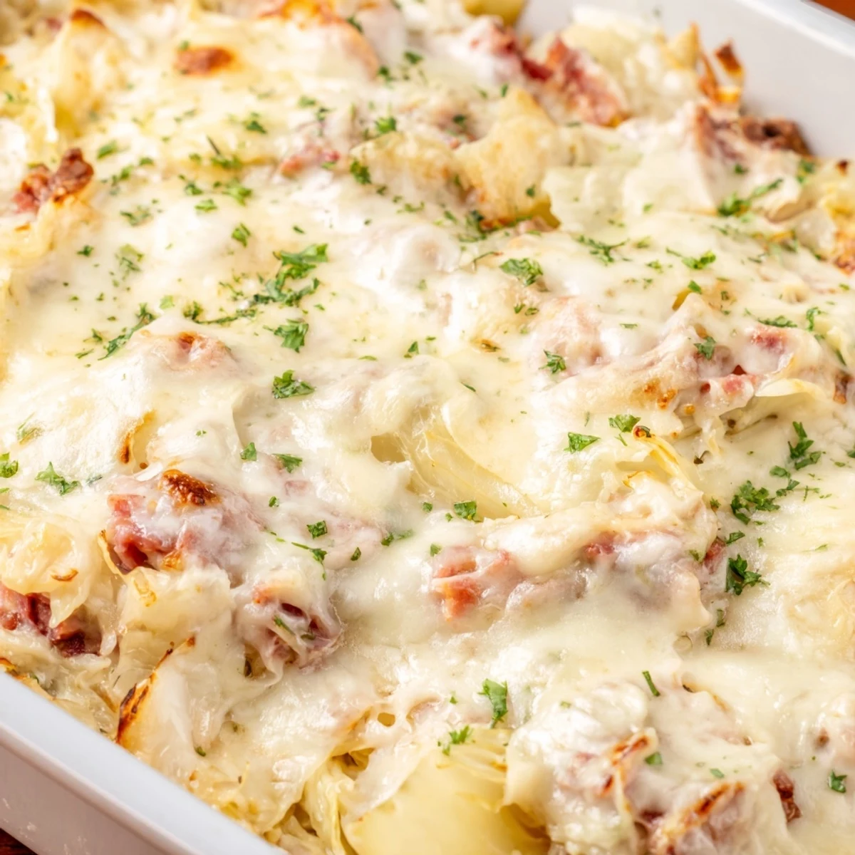 Golden brown corned beef cabbage parmesan bake with bubbling cheese topping