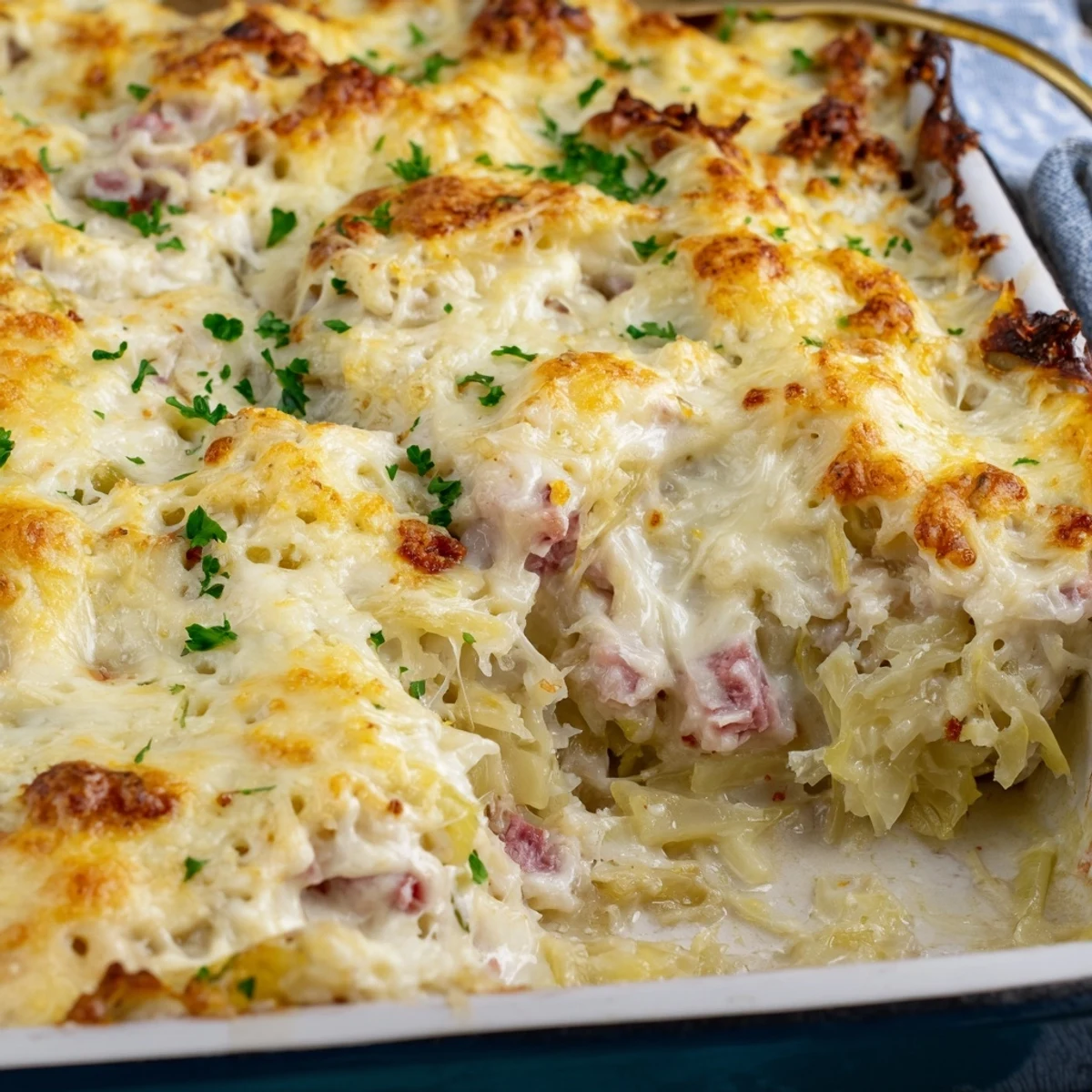 Hearty corned beef cabbage parmesan bake fresh from oven with golden crust