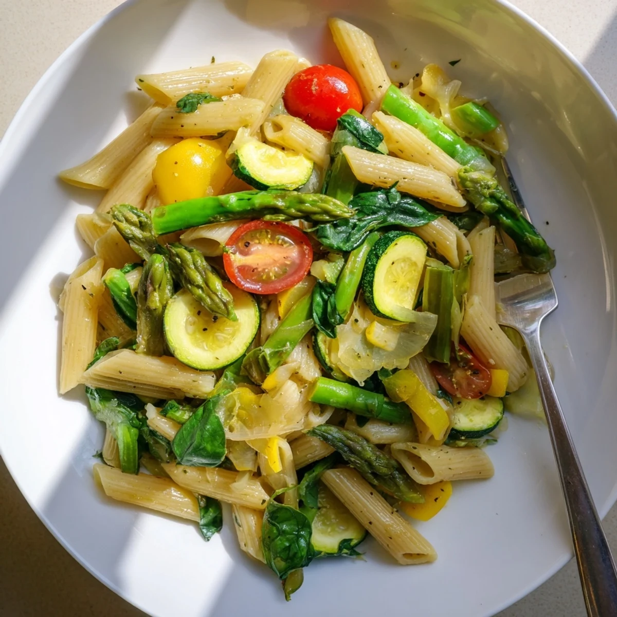 Colorful spring vegetables nestle among penne pasta in this easy one pot spring vegetable pasta recipe