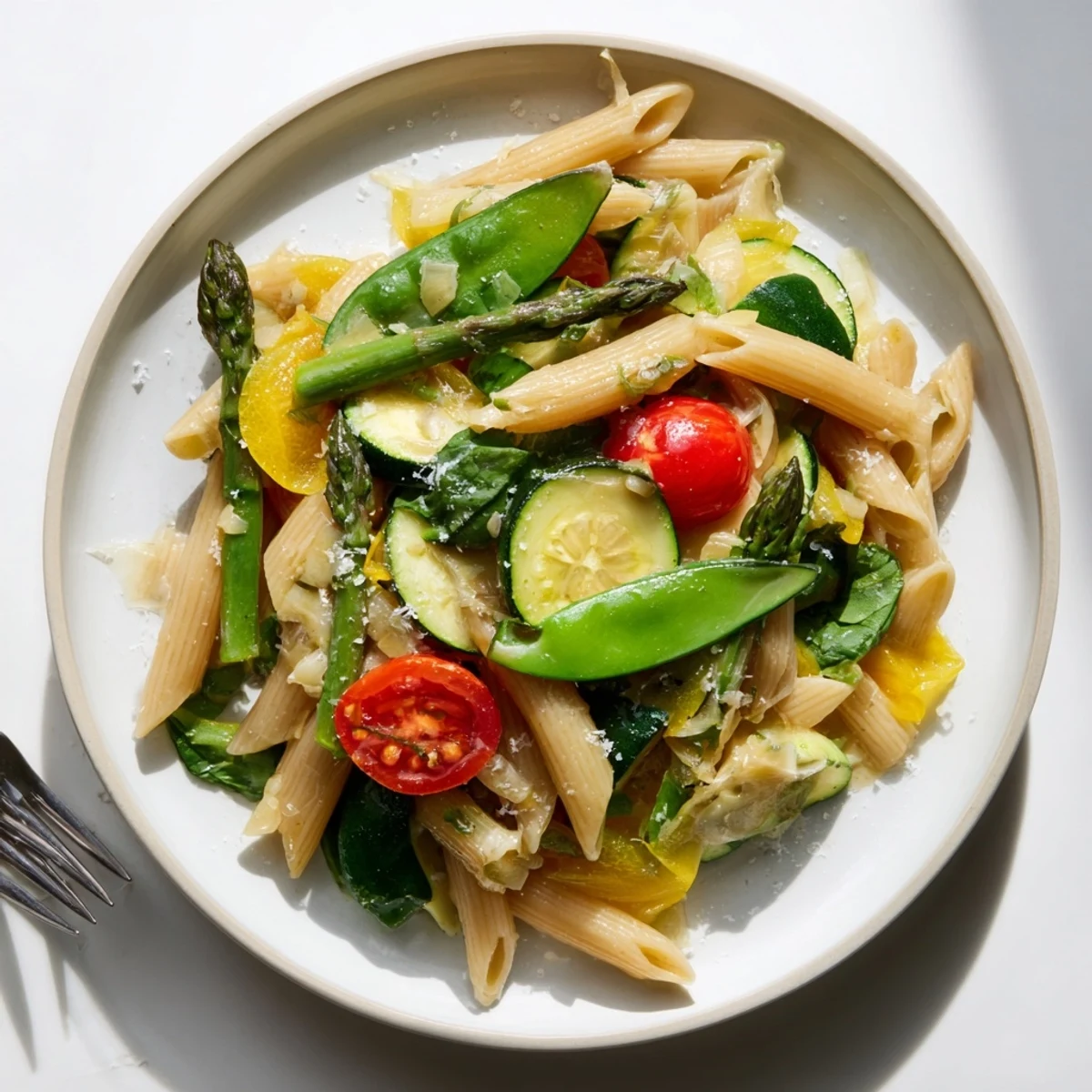 One pot spring vegetable pasta recipe with tender asparagus, snap peas, and zucchini in a creamy parmesan broth