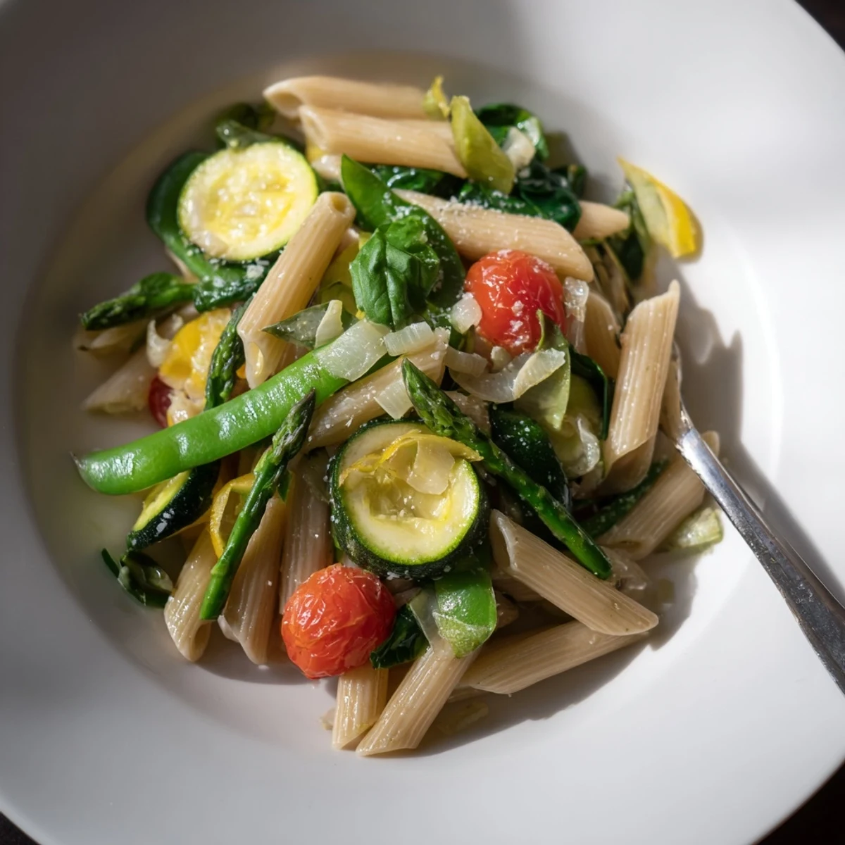 Garnished bowl of one pot spring vegetable pasta recipe featuring cherry tomatoes, spinach, and fresh basil