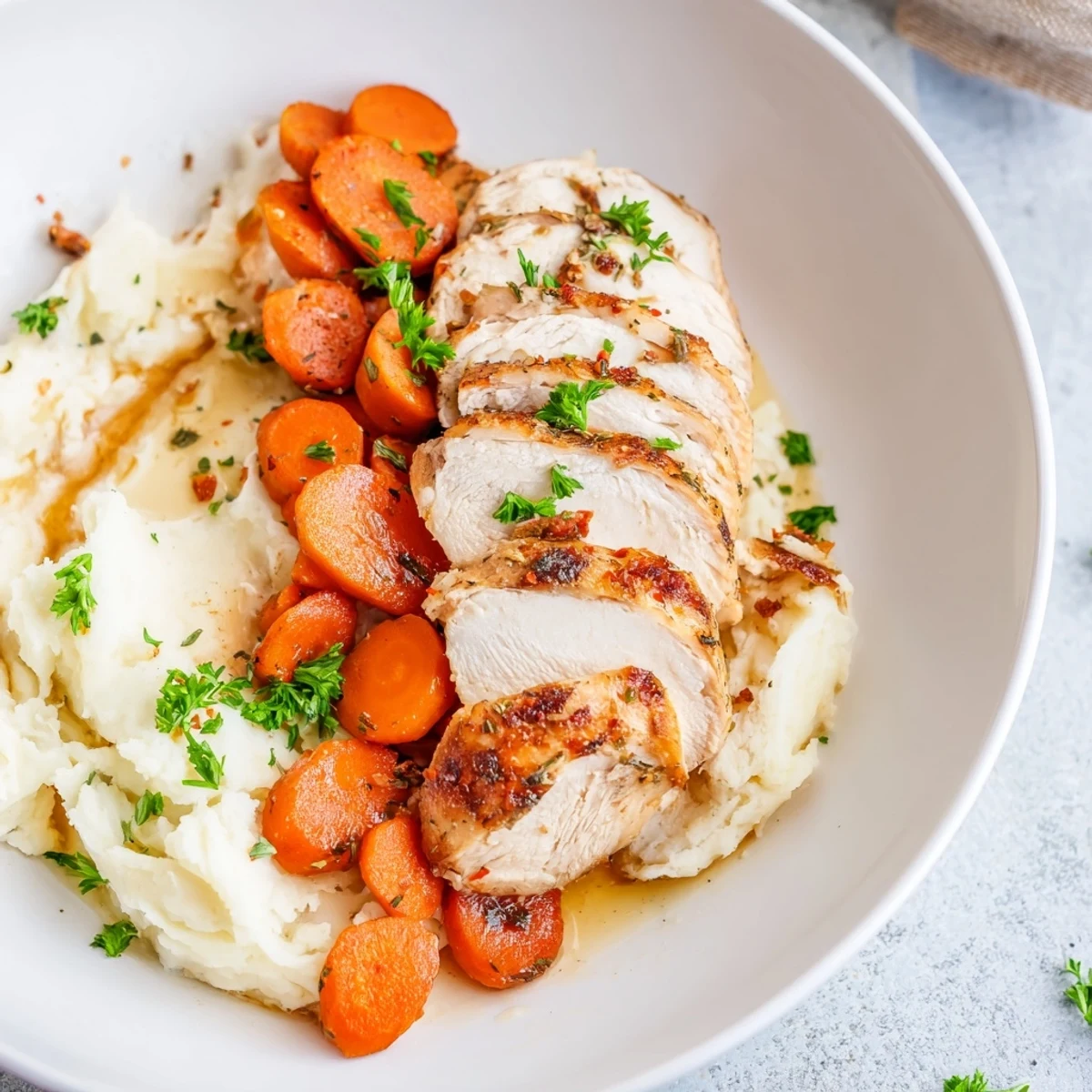 Golden brown garlic herb chicken breast plated beside fluffy mashed potatoes and honey-glazed carrots
