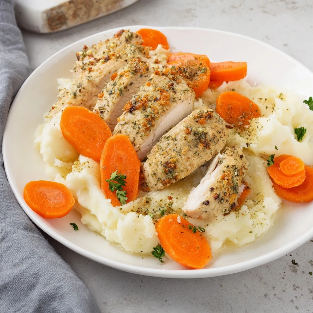 Tender juicy marinated chicken resting on creamy potatoes with sweet buttery glazed carrot slices