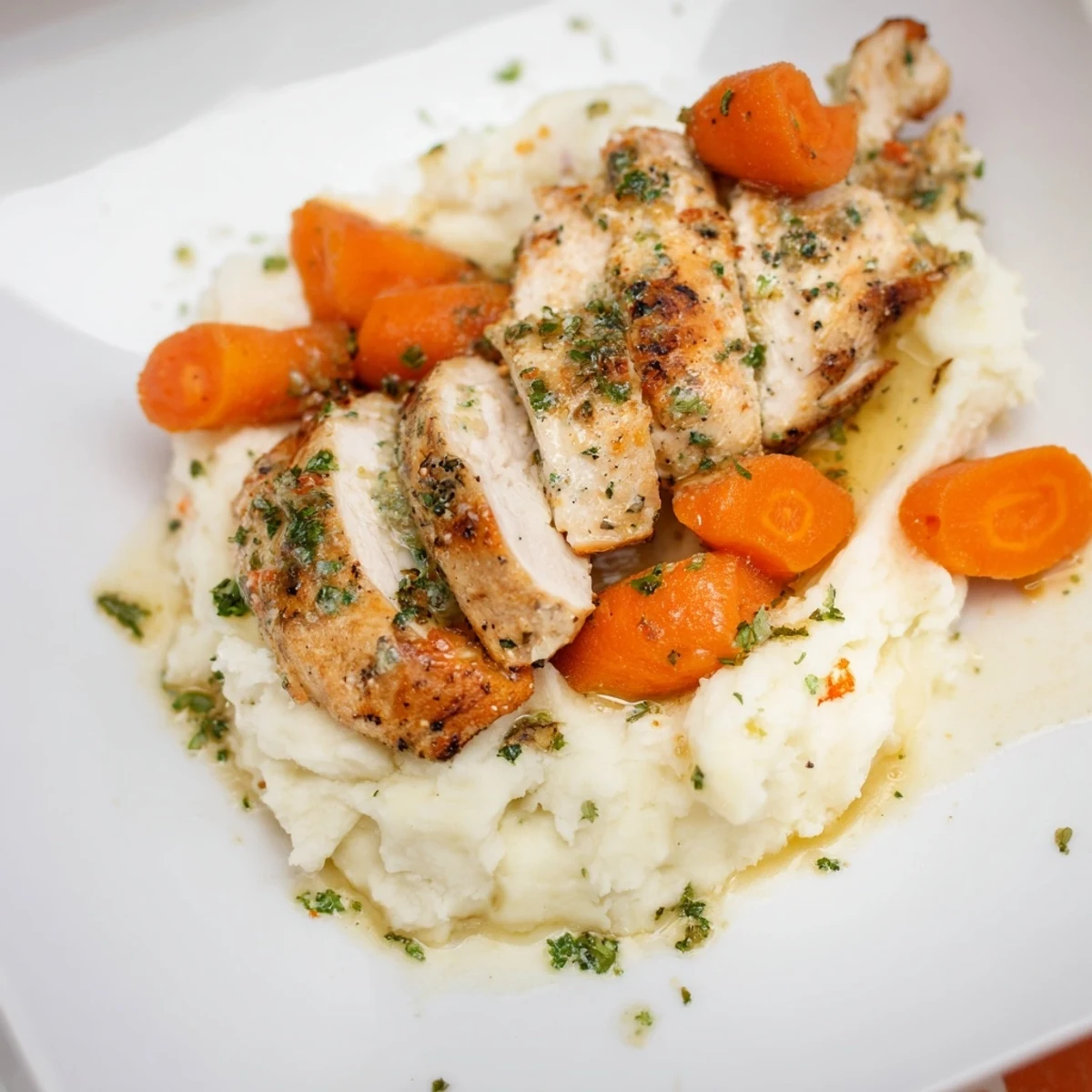 Garlic herb roasted chicken served with velvety mashed potatoes and shiny honey glazed carrots