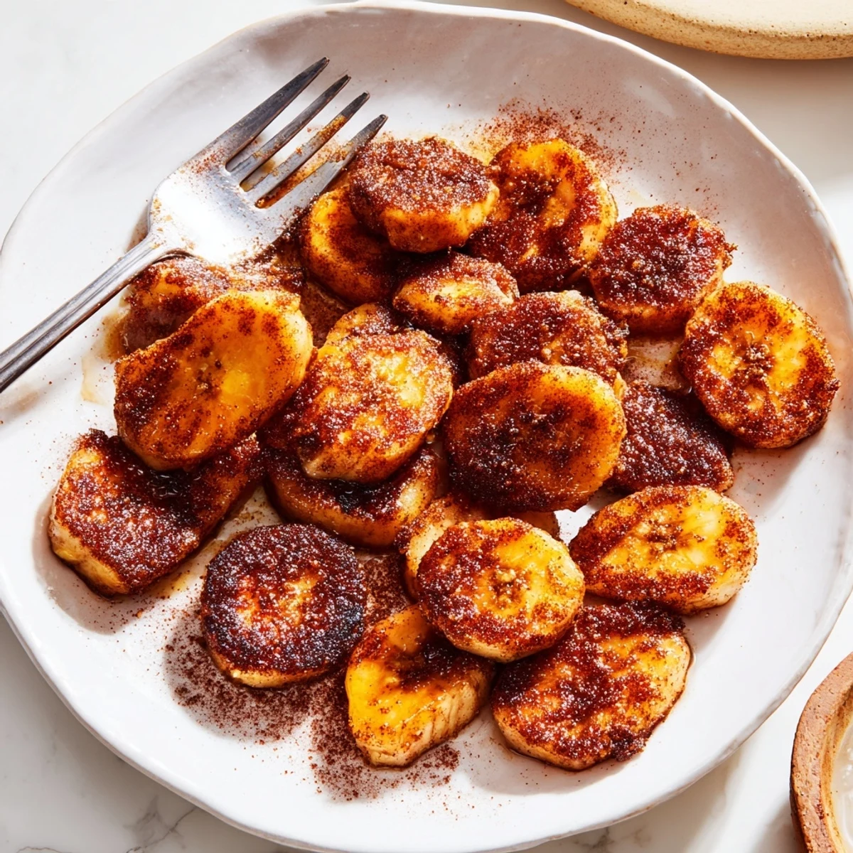 Sweet diagonal banana slices sizzling with cinnamon sugar achieve perfect golden brown caramelization