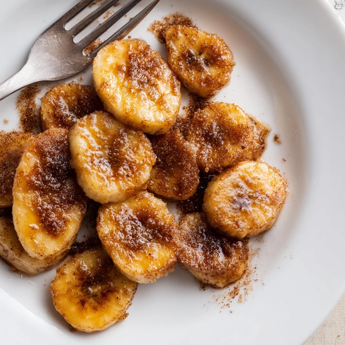 Warm skillet of cinnamon coated bananas frying until tender with melted butter glaze