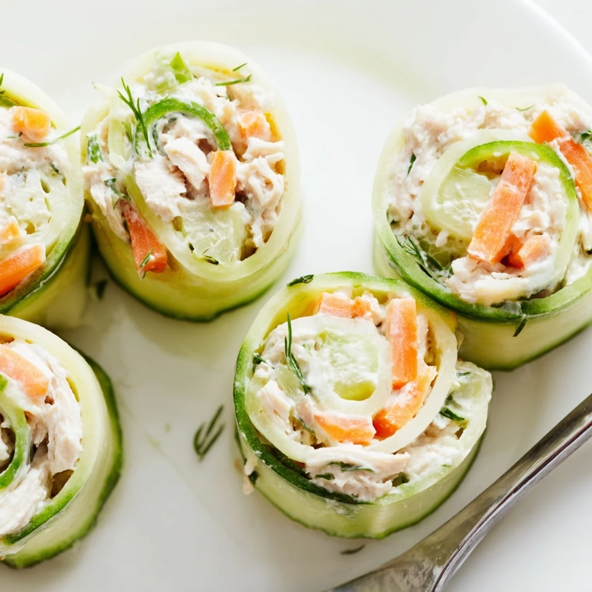 Creamy chicken salad wrapped in crisp cucumber slices garnished with fresh dill sprigs