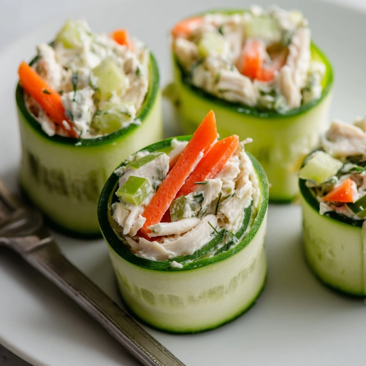 Low carb chicken salad cucumber roll ups arranged elegantly on a serving tray