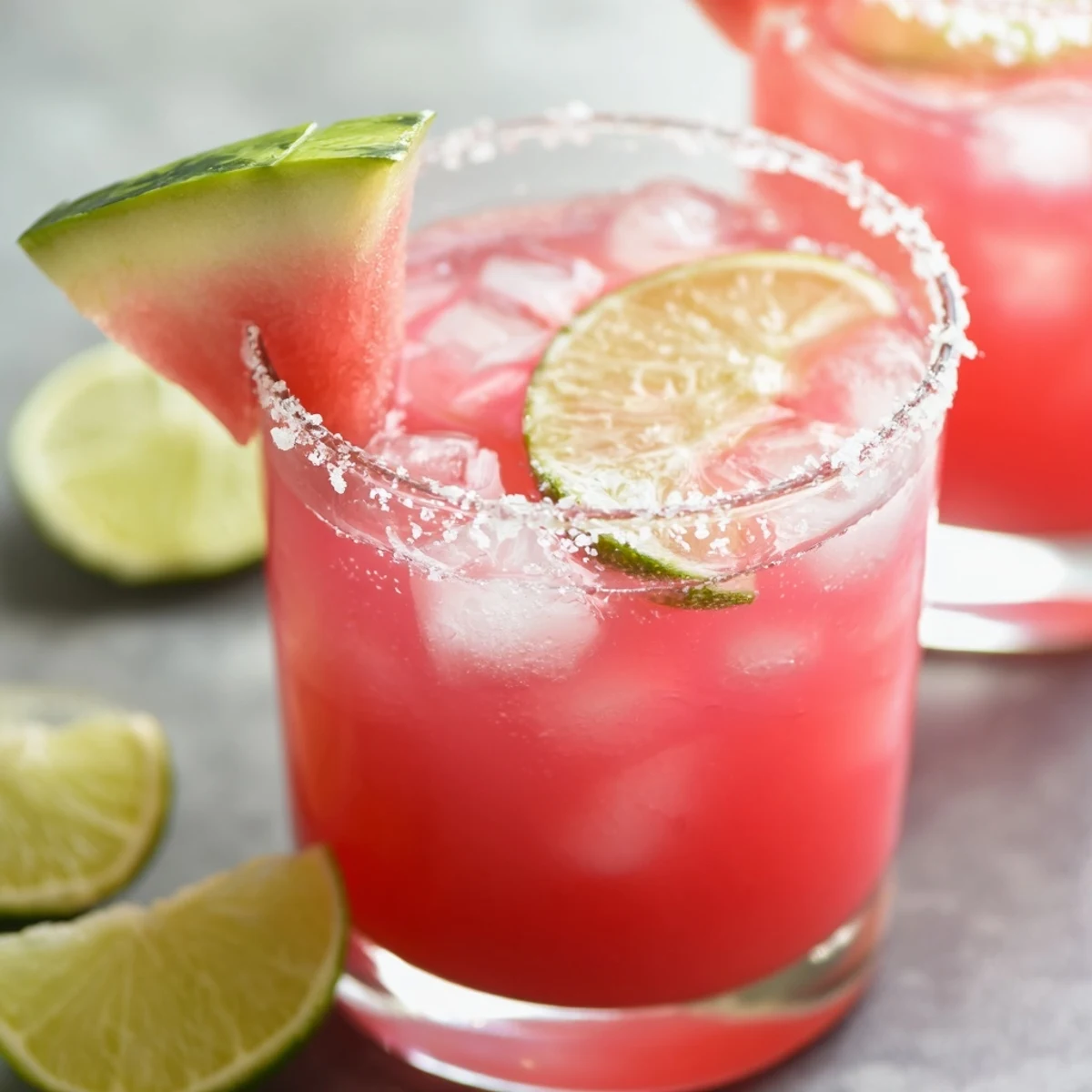 Garnished watermelon margarita mocktail served in salt-rimmed glasses with fresh lime wedges and watermelon slices