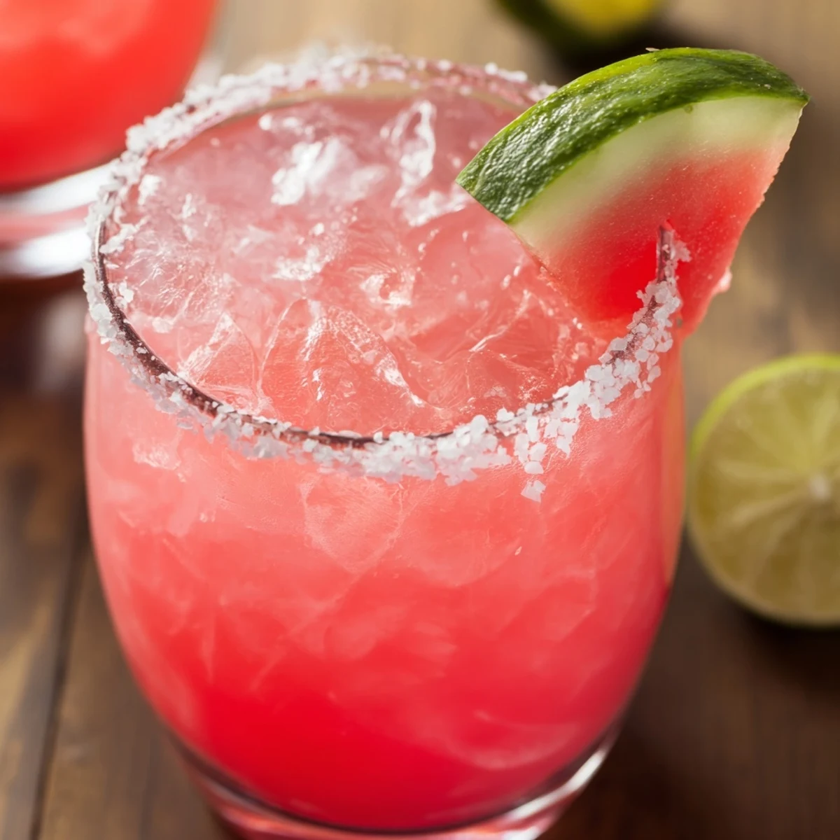 Refreshing watermelon margarita mocktail display showing vibrant pink drink with citrus accents on ice