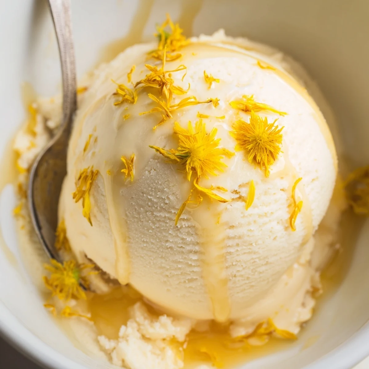 Creamy dandelion honey ice cream scoop garnished with golden petals and honey drizzle