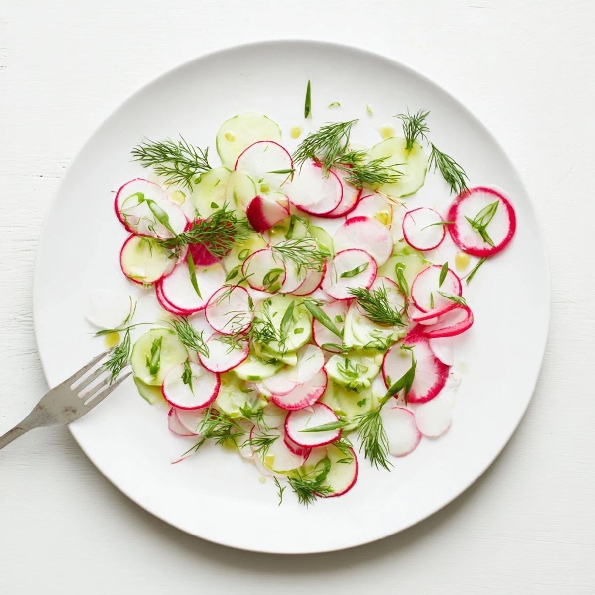 Crisp sliced radishes and cucumbers tossed with fresh dill in light tangy vinaigrette