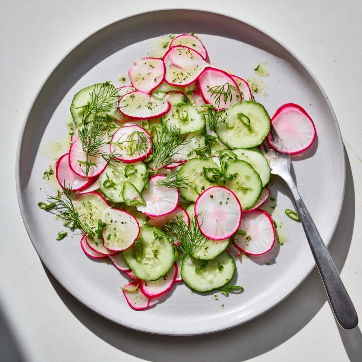 Fresh radish and cucumber salad glistening with olive oil lemon dressing in white bowl
