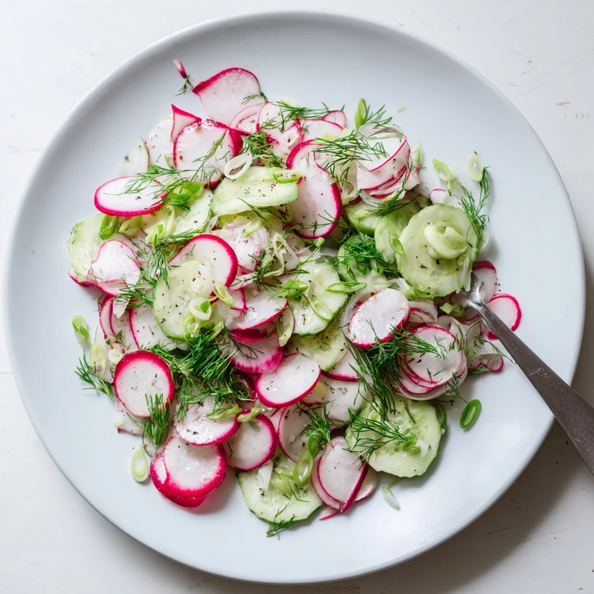 Colorful radish and cucumber salad arranged on serving plate with green onion garnish