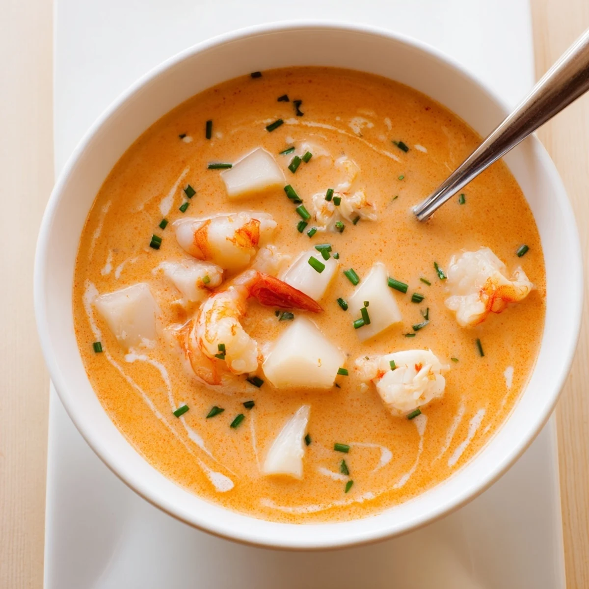 Creamy seafood bisque garnished with fresh chives and lump crab meat in white bowl