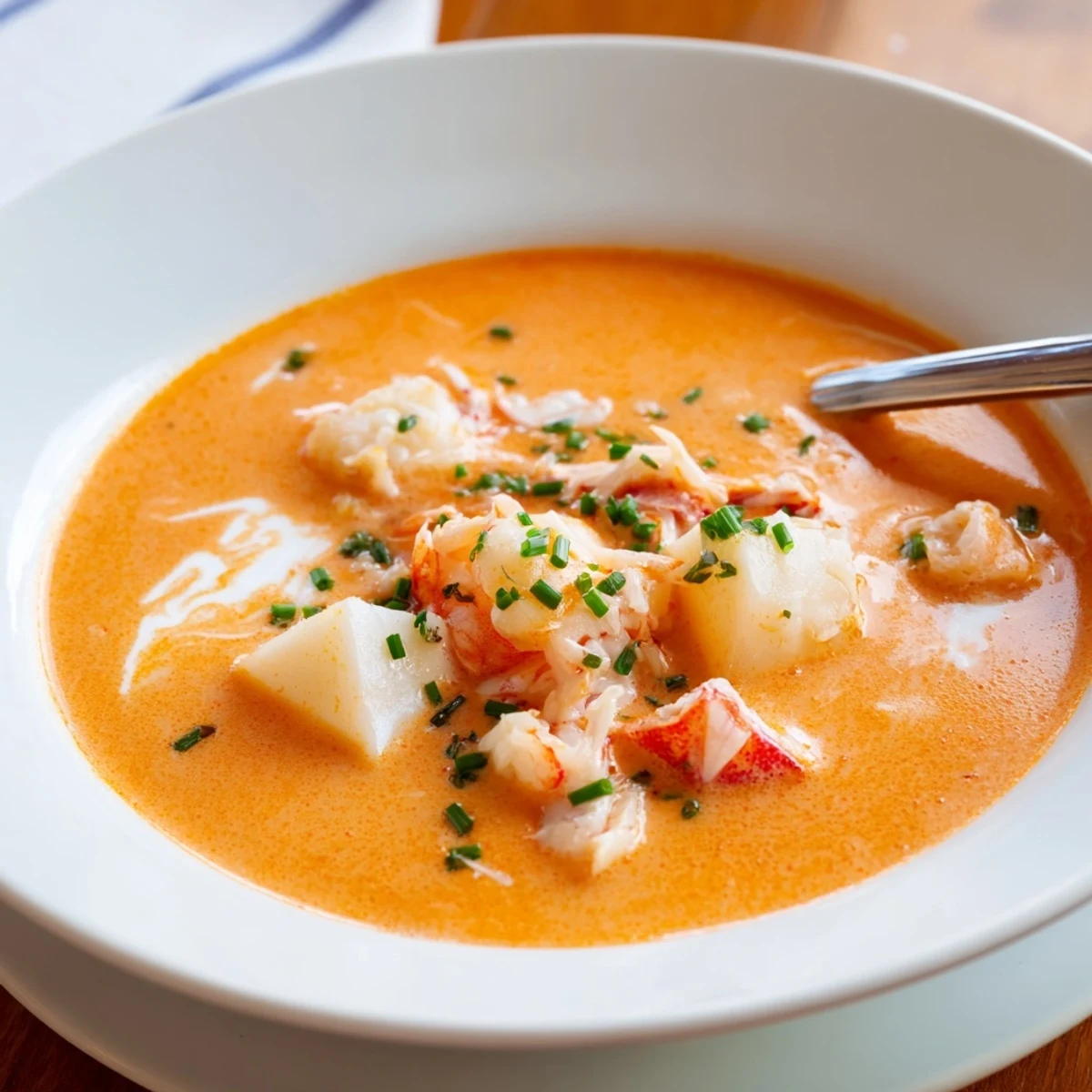 Rich French seafood bisque featuring tender shrimp and scallops in smooth red-orange broth