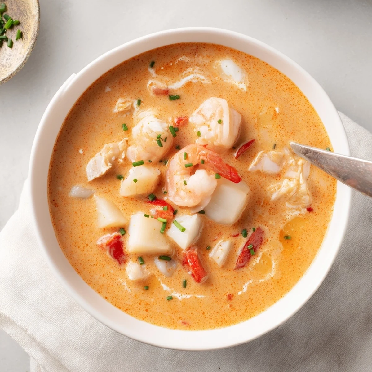 Elegant seafood bisque served with crusty bread and finished with delicate herb garnish