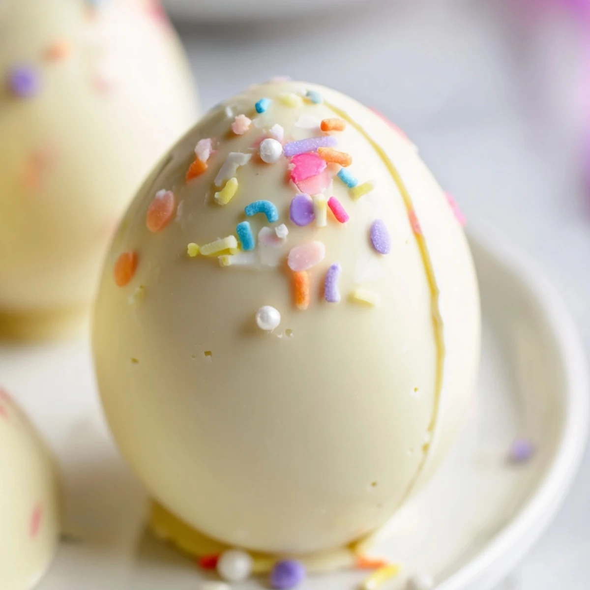 Festive strawberry shortcake Easter egg bombs with smooth white chocolate shells and fresh strawberry filling