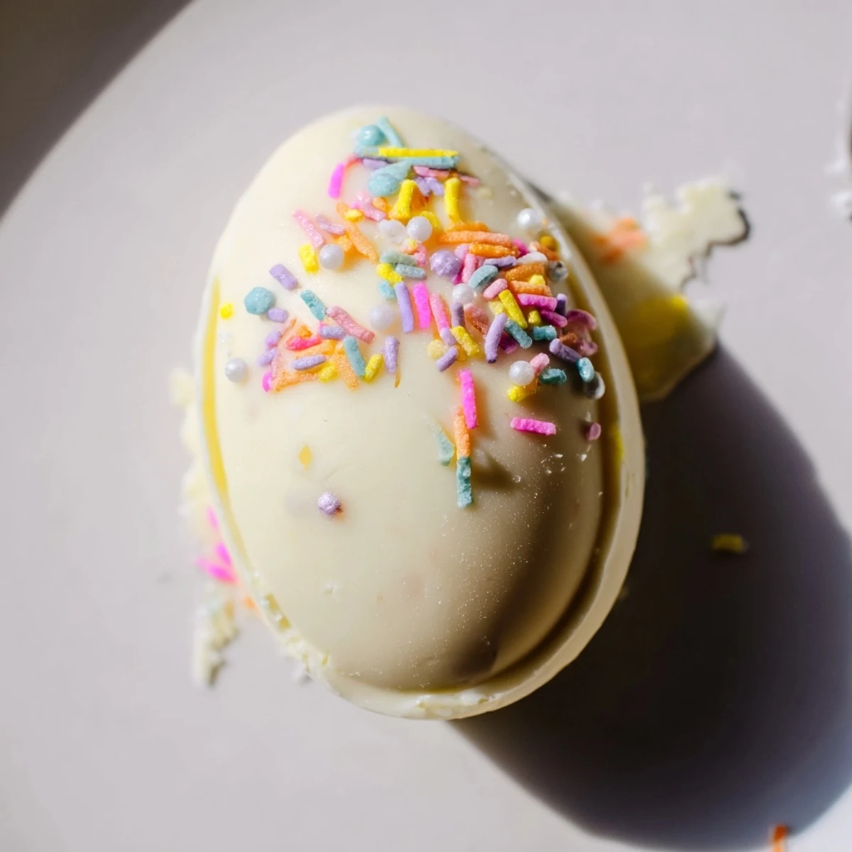 White chocolate Easter egg filled with creamy strawberry shortcake mixture and colorful sprinkles