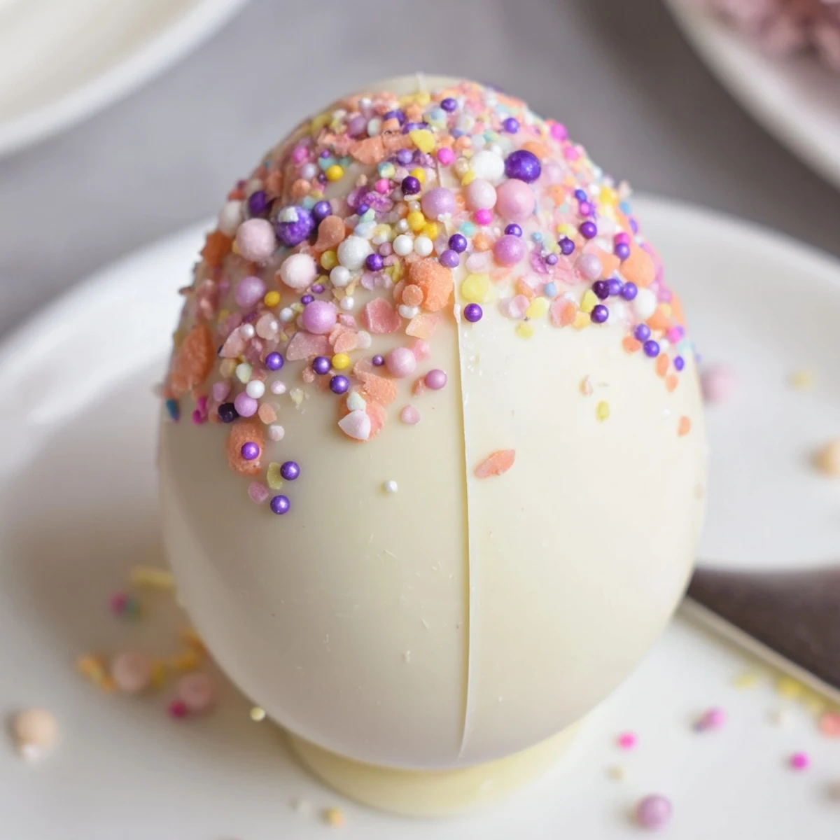 Spring dessert featuring strawberry shortcake stuffed inside pastel white chocolate egg shells with edible decorations