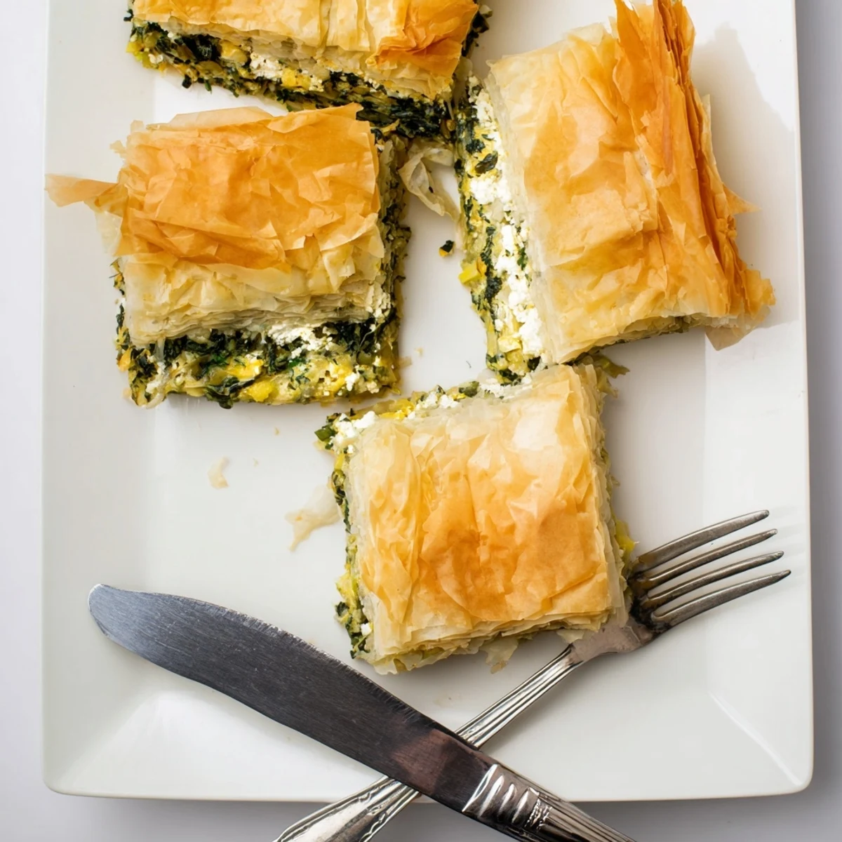 Golden authentic Greek spanakopita with flaky phyllo layers and vibrant spinach feta filling