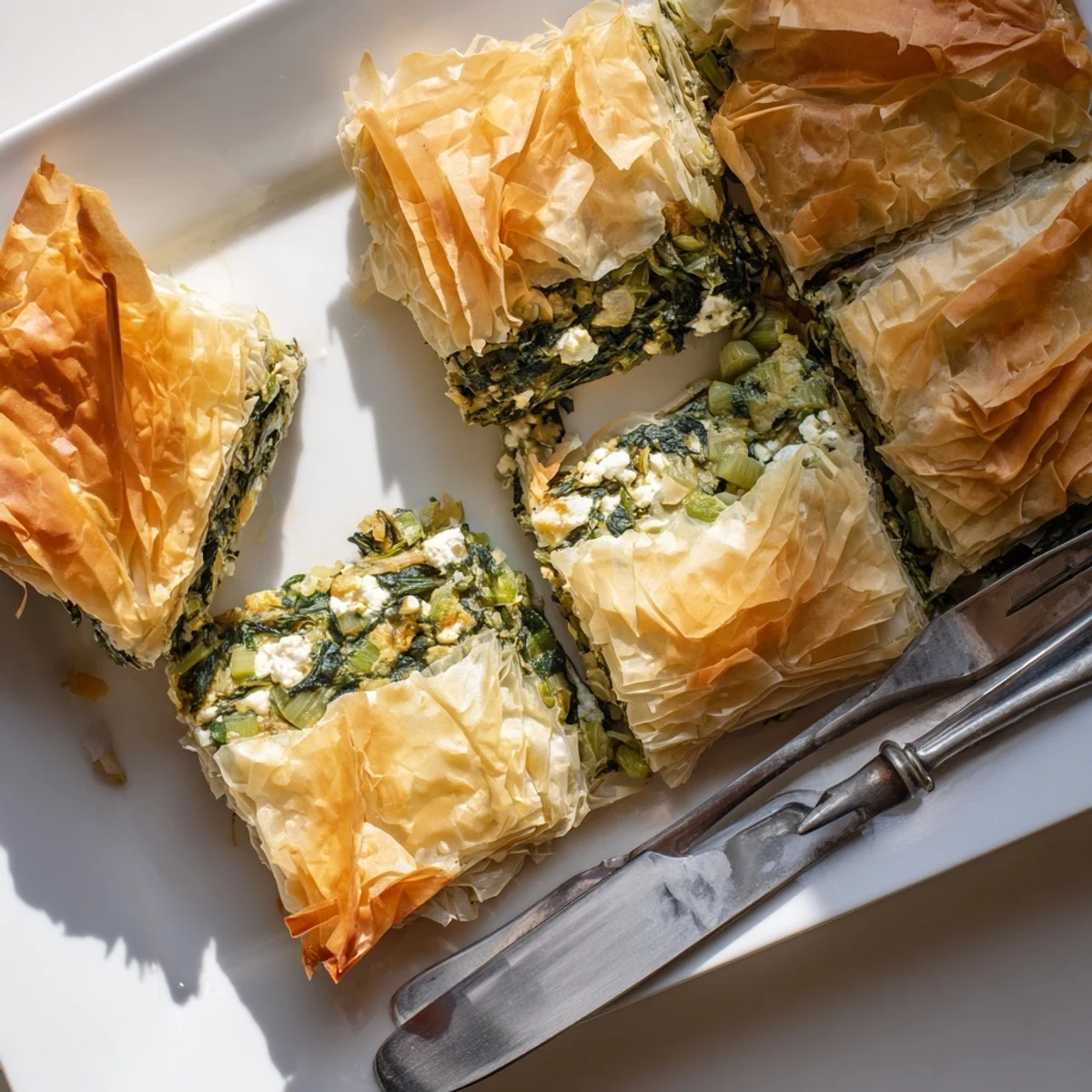 Crispy baked authentic Greek spanakopita sliced into squares revealing creamy herb flecked spinach center