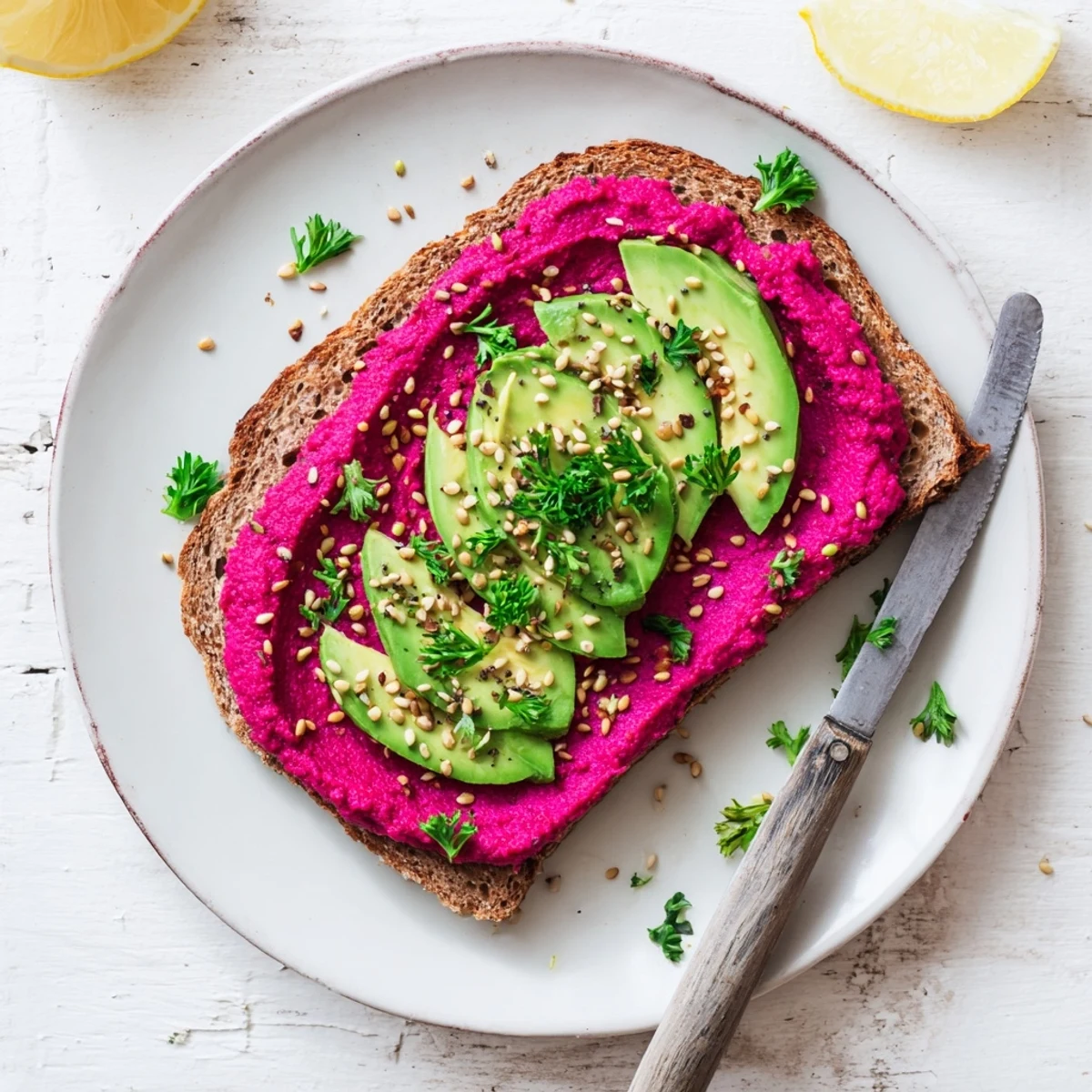 Golden brown avocado beet hummus toast topped with creamy hummus and sliced fresh avocado