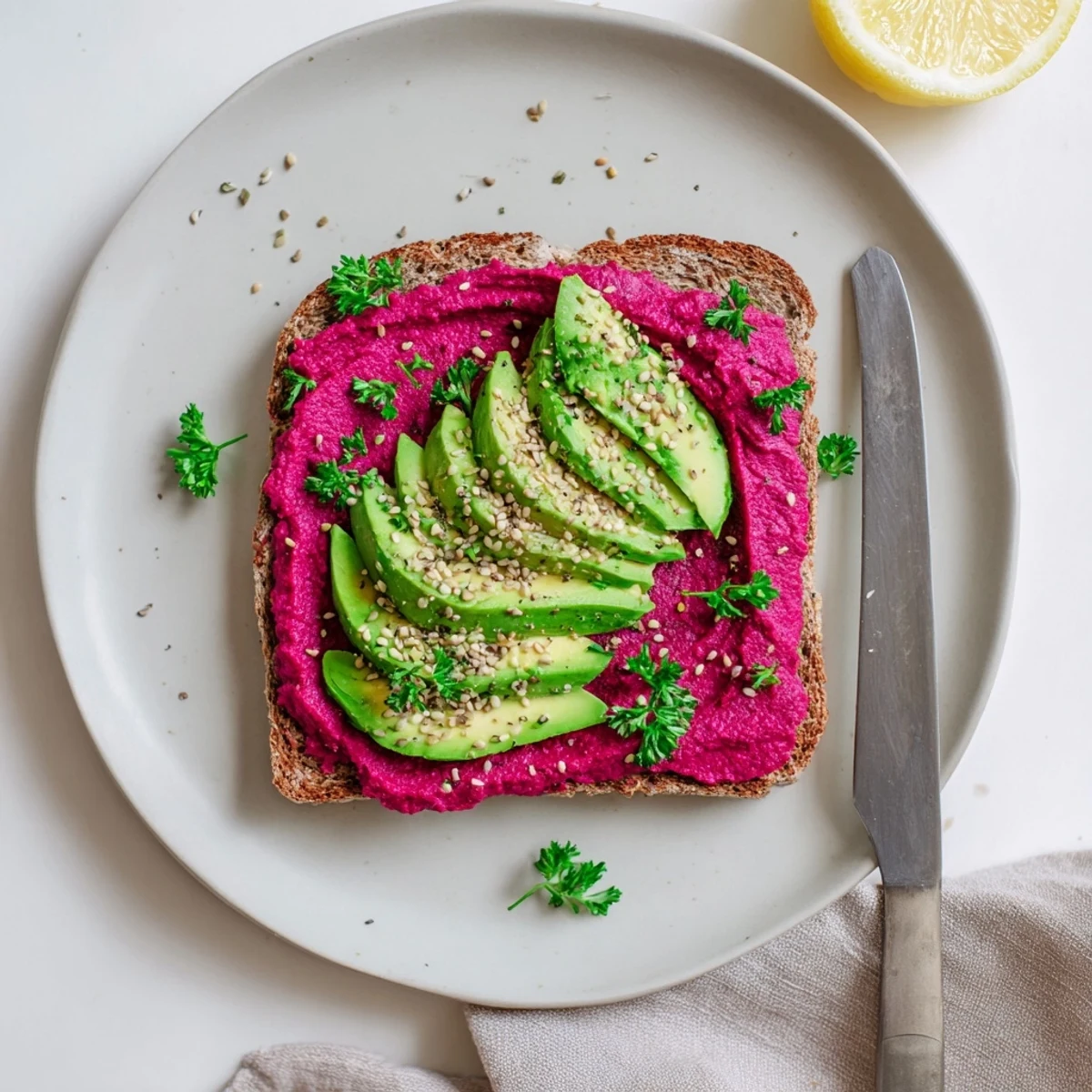 Vibrant Mediterranean avocado beet hummus toast sprinkled with sesame seeds and fresh parsley garnish