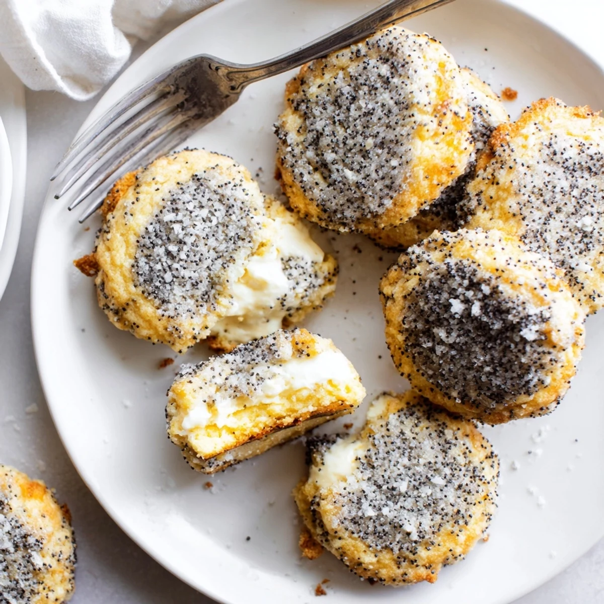 Golden Lemon Poppy Seed Cheesecake Cookies with creamy centers and sugar coating