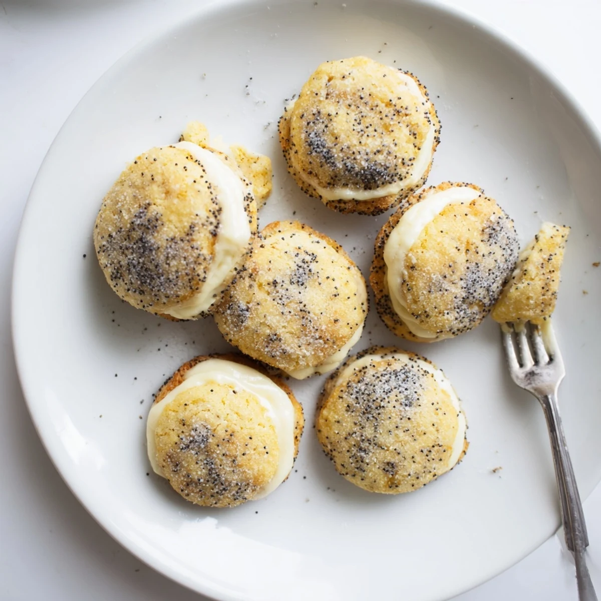 Soft baked Lemon Poppy Seed Cheesecake Cookies oozing tangy cream cheese filling