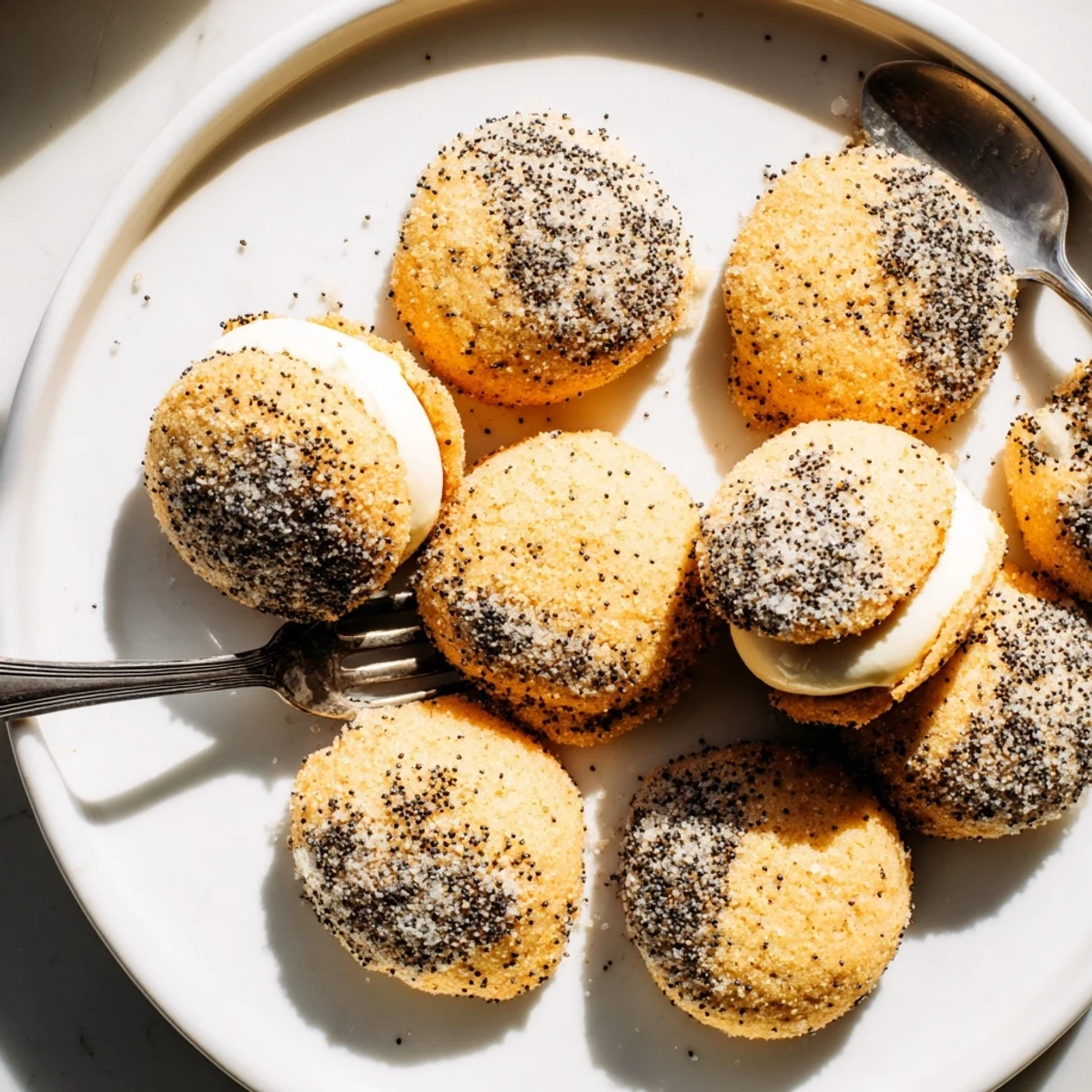 Close up of Lemon Poppy Seed Cheesecake Cookies with speckled poppy seeds
