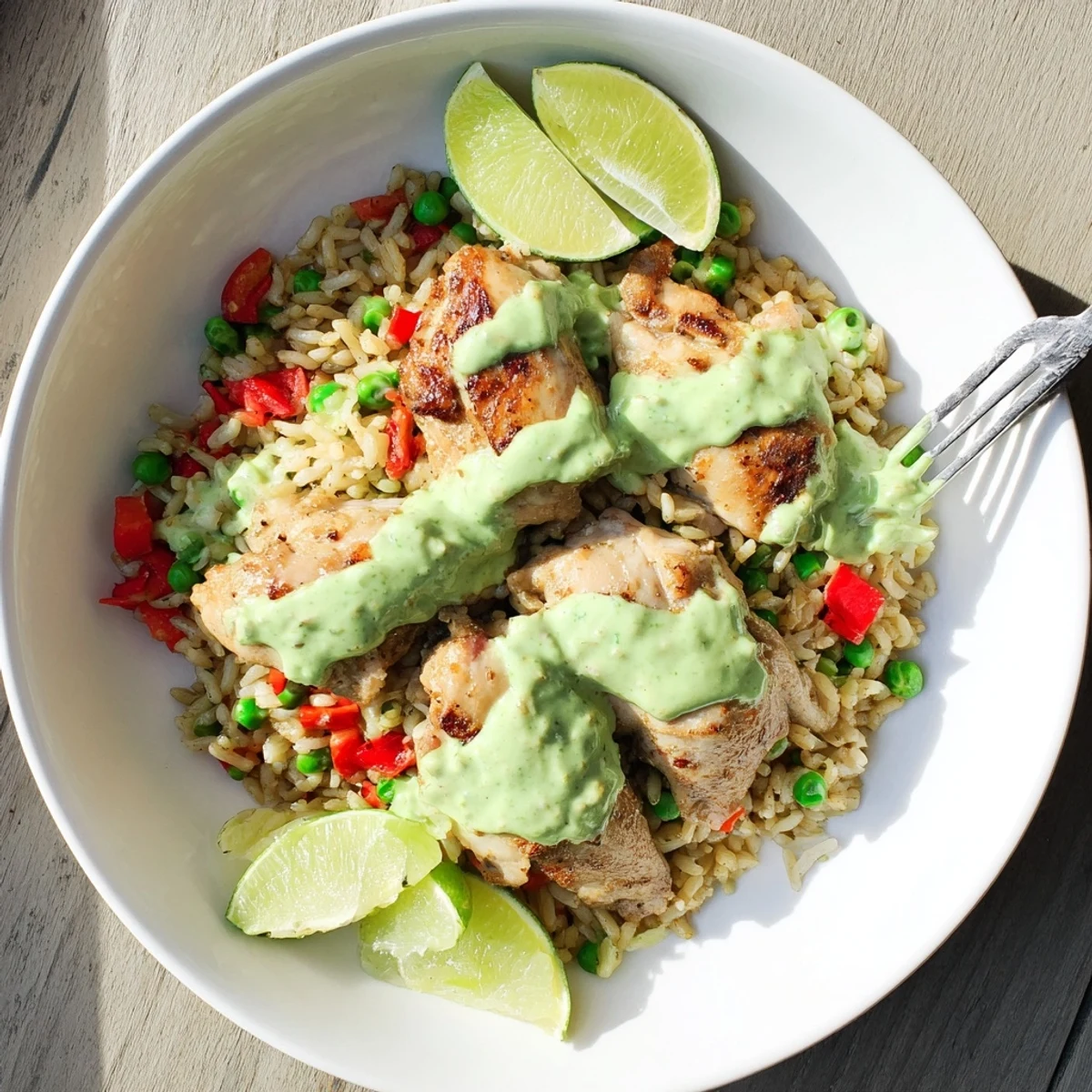 Golden chicken thighs resting over fluffy green cilantro rice with vibrant Peruvian chicken rice
