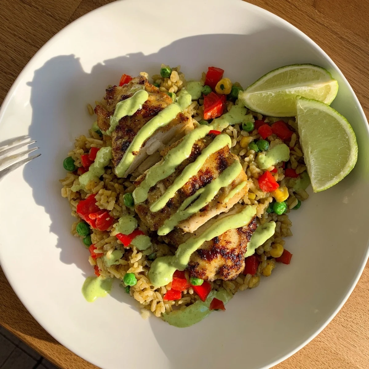Steaming plate of Peruvian chicken rice topped with spicy creamy green sauce and lime