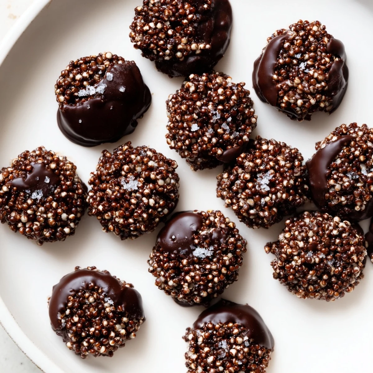 Dark chocolate quinoa crisps topped with sea salt on parchment paper, ready for snacking