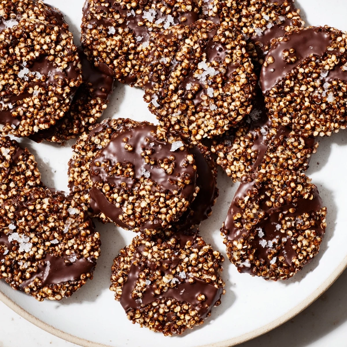 Homemade dark chocolate quinoa crisps with toasted crunchy grains and melted dark chocolate swirls