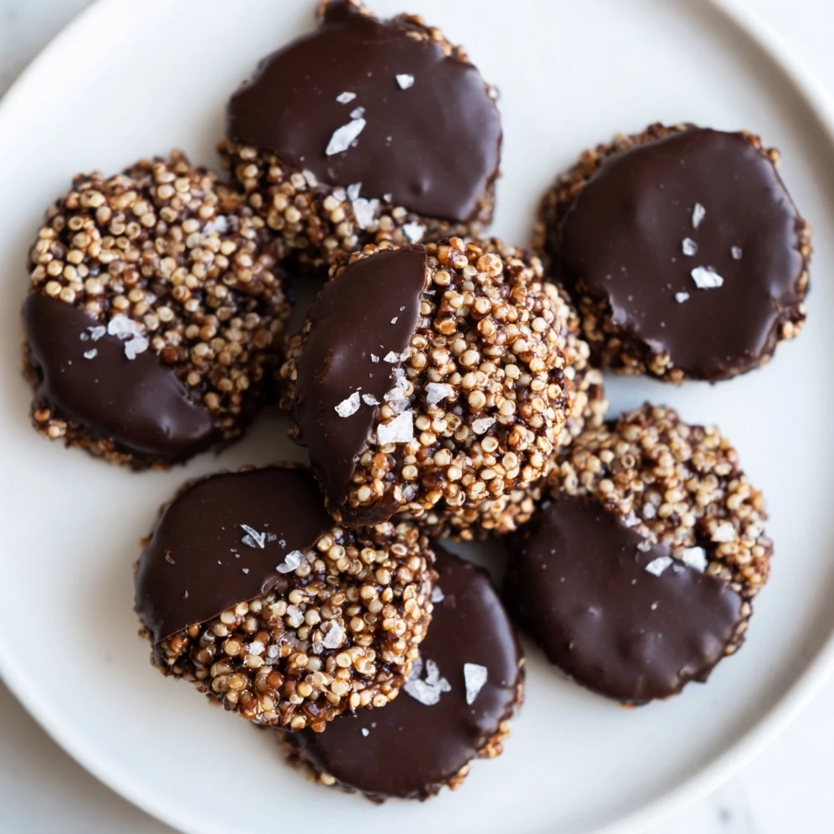 Gluten-free dark chocolate quinoa crisps arranged on a white plate, garnished with sea salt flakes