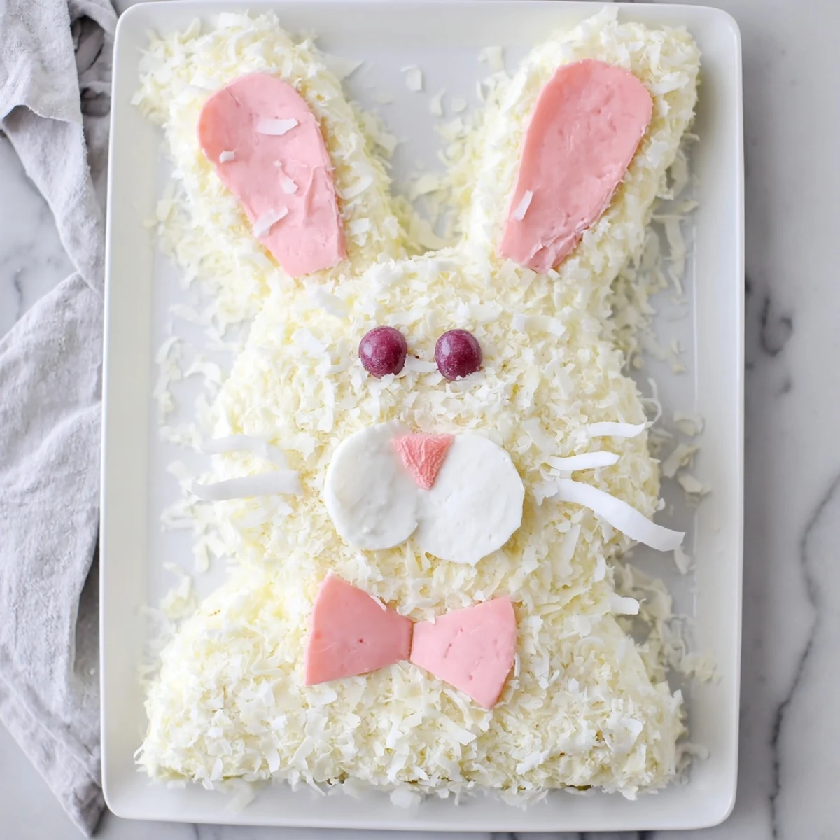 Adorable bunny cake with fluffy coconut frosting, pink candy features, and fondant ears on Easter serving platter