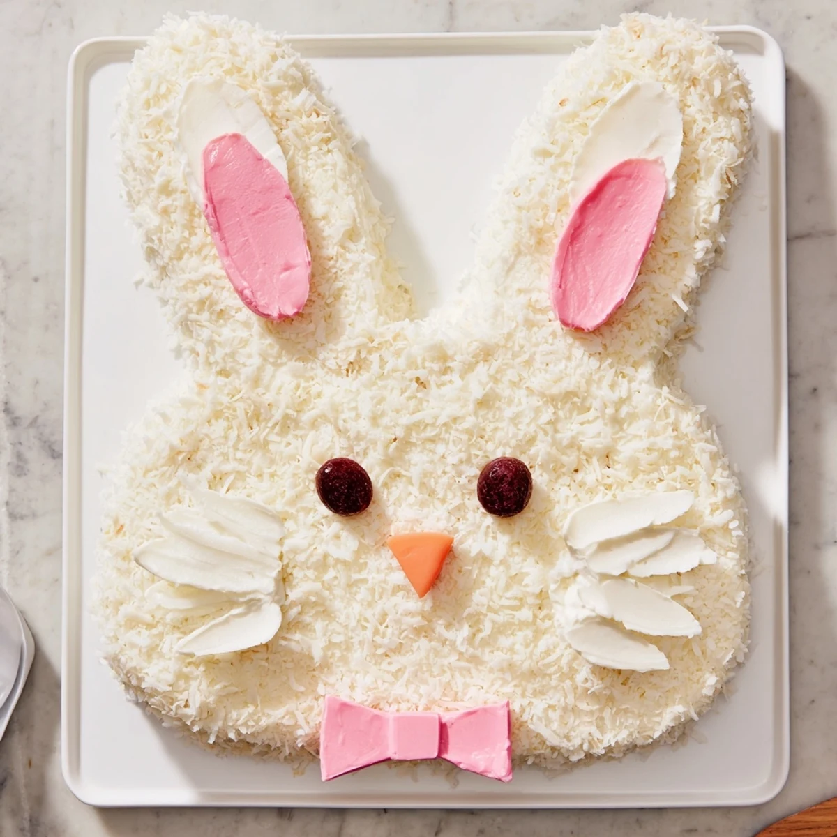 Whimsical Easter bunny cake featuring vanilla layers, buttercream coating, shredded coconut fur, and jelly bean details