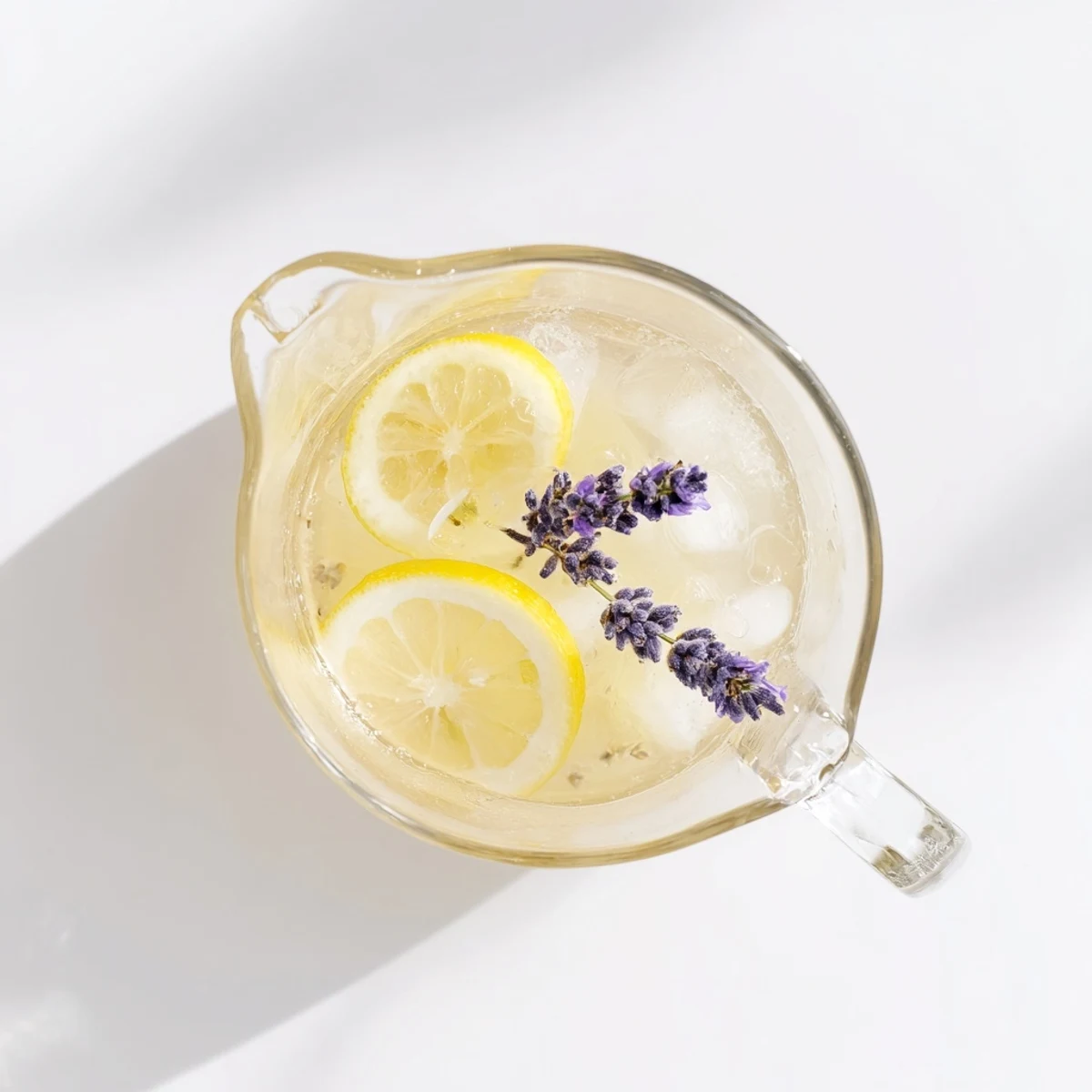 Glass pitcher of lavender lemonade garnished with fresh lemon slices and purple lavender sprigs