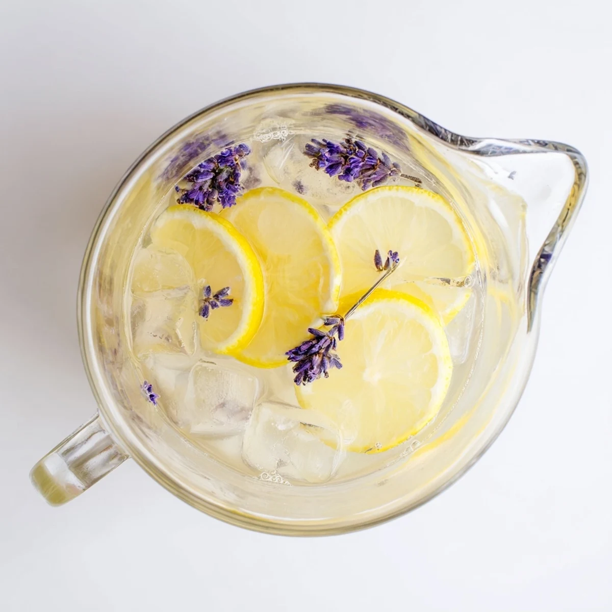 Refreshing lavender lemonade served over ice in a tall glass with floating lavender buds
