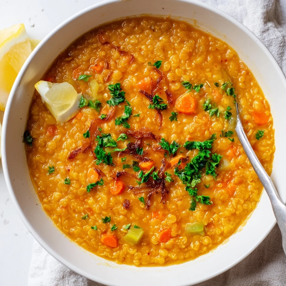 Creamy caramelized onion red lentil soup topped with fresh parsley in a white bowl