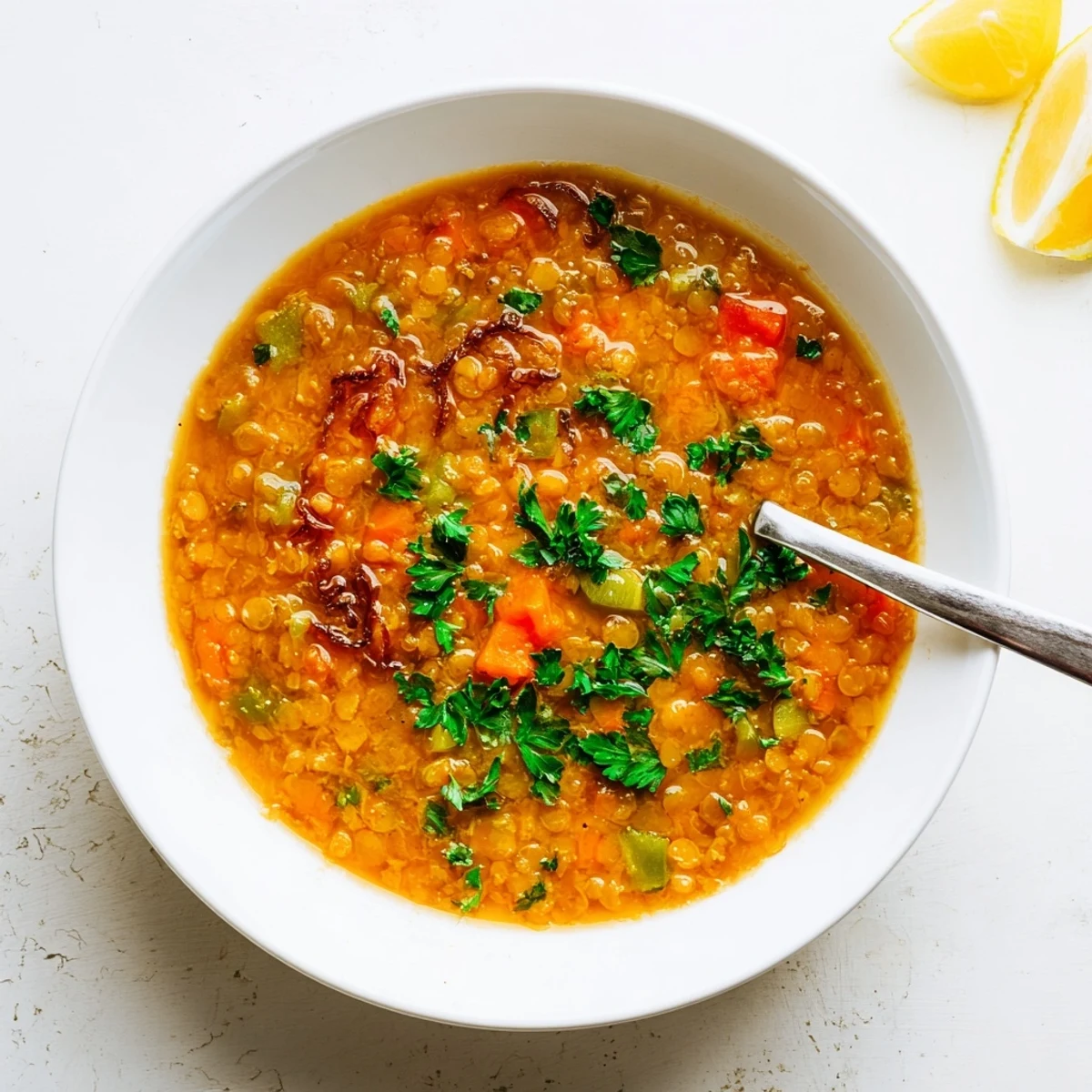 Steaming bowl of vegetarian caramelized onion red lentil soup garnished with vibrant green parsley