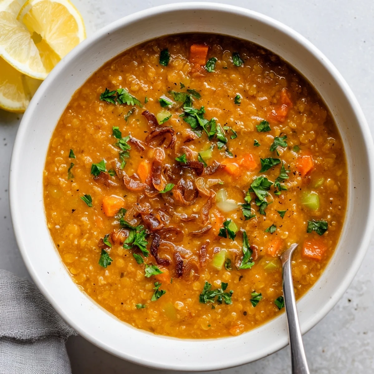 Golden caramelized onions swirl through hearty red lentil soup with crusty bread on the side