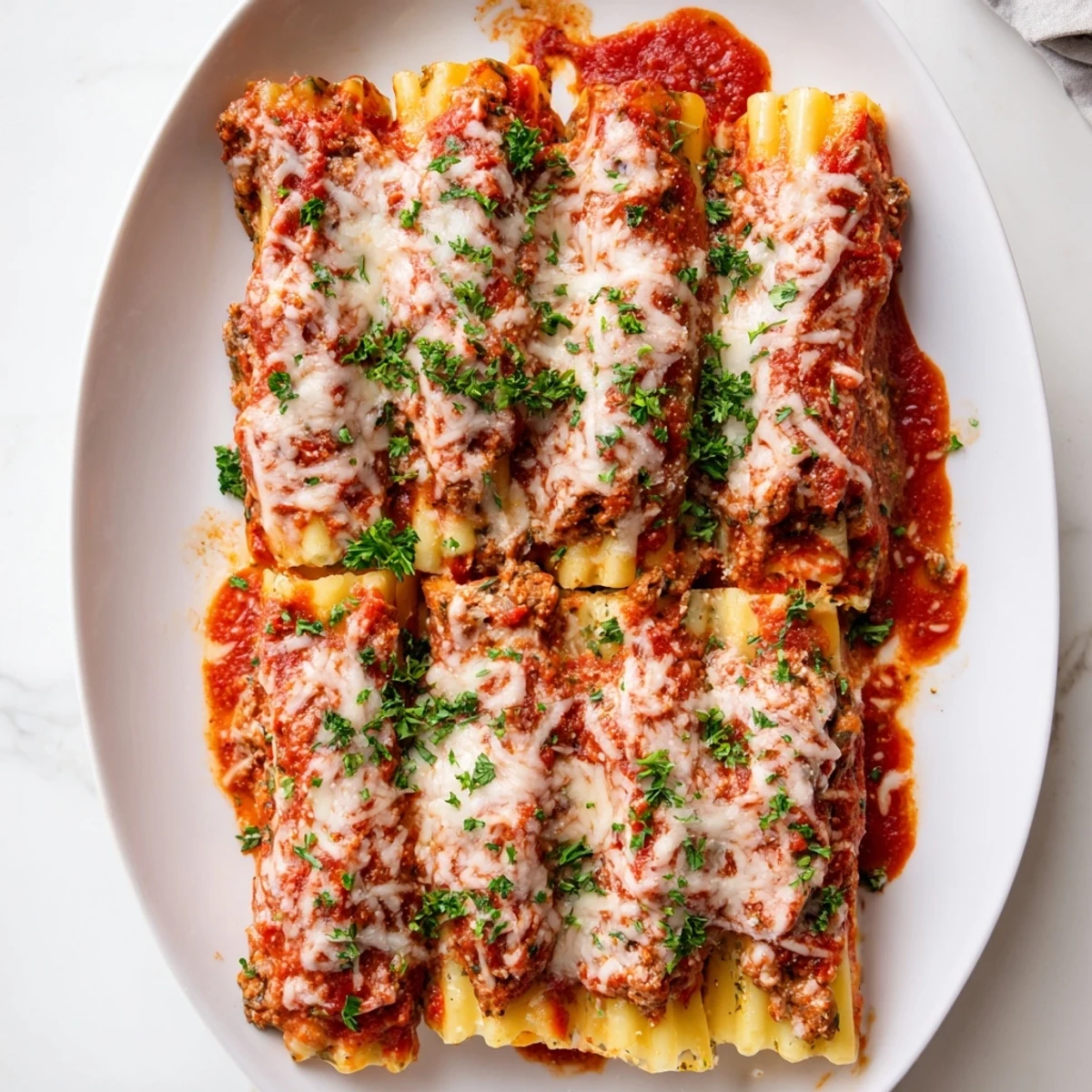 Golden brown manicotti filled with ricotta and topped with bubbling meat sauce