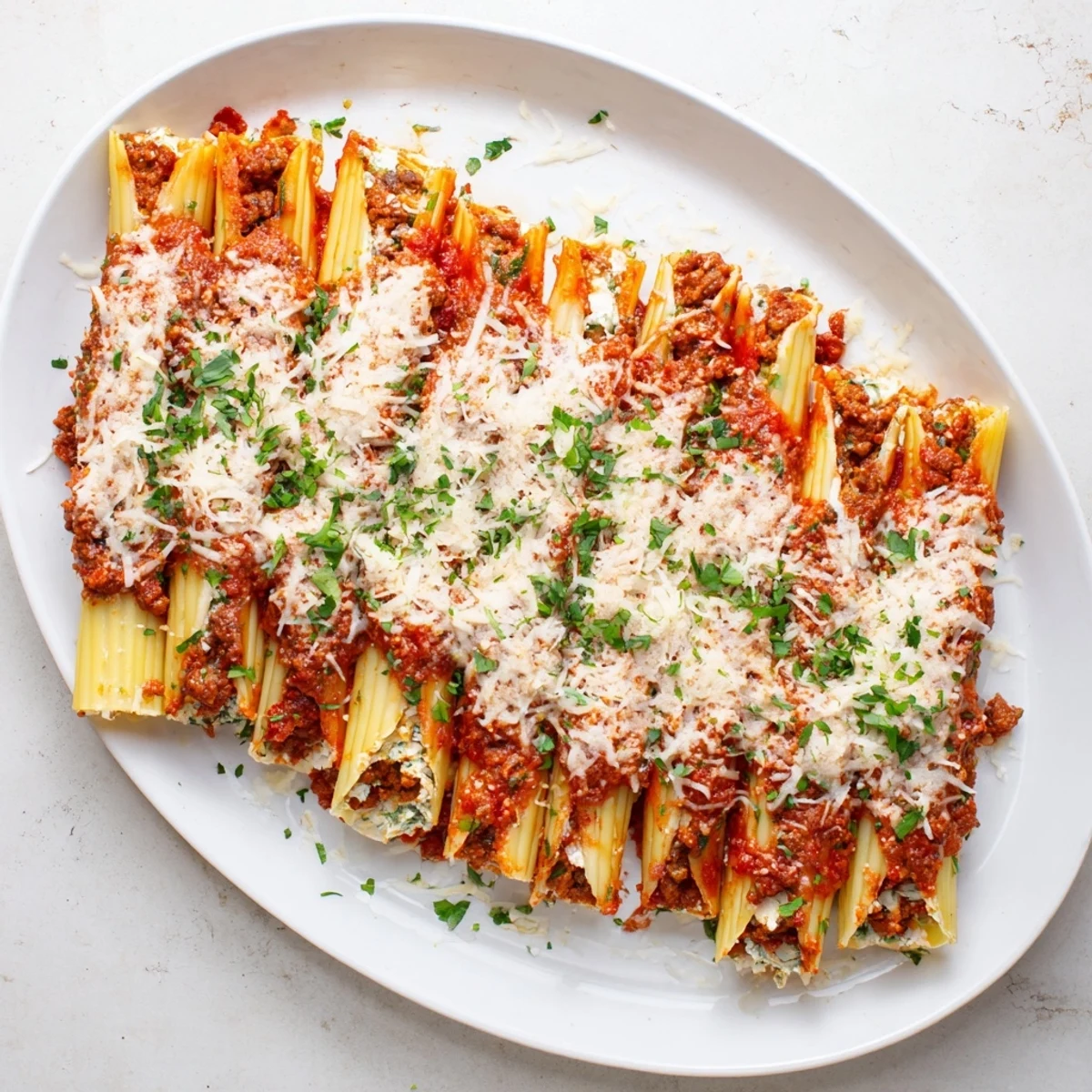 Tender pasta shells stuffed with three cheese filling and savory beef tomato sauce