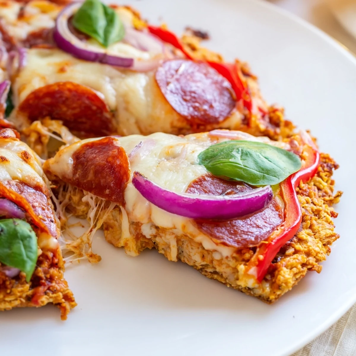 Golden crispy chicken crust pizza loaded with melted mozzarella and colorful vegetable toppings